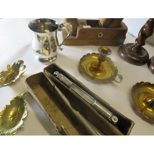 173 - SELECTION OF VINTAGE INCLUDES BARLEY TWIST CANDLESTICKS, WOOD PLANES ETC