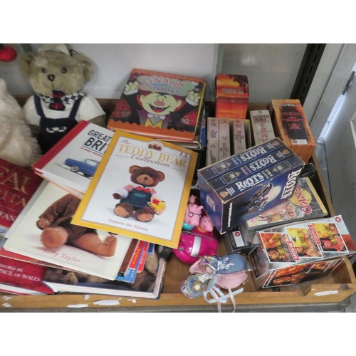 505 - SHELF LOT INCLUDES TEDDIES, BOOKS, DVDS ETC