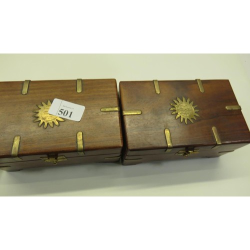 501 - TWO WOOD AND BRASS BOXES WITH PLAYING CARDS