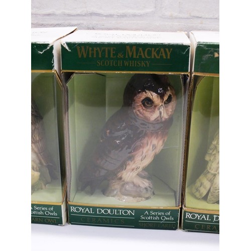 468 - 4x ROYAL DOULTON CERAMIC WHYTE AND MACKAY WHISKEY DECANTERS FULL OWLS IN ORIGINAL BOXES