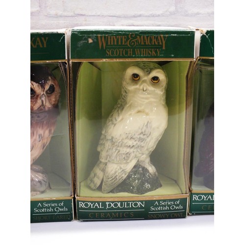 468 - 4x ROYAL DOULTON CERAMIC WHYTE AND MACKAY WHISKEY DECANTERS FULL OWLS IN ORIGINAL BOXES