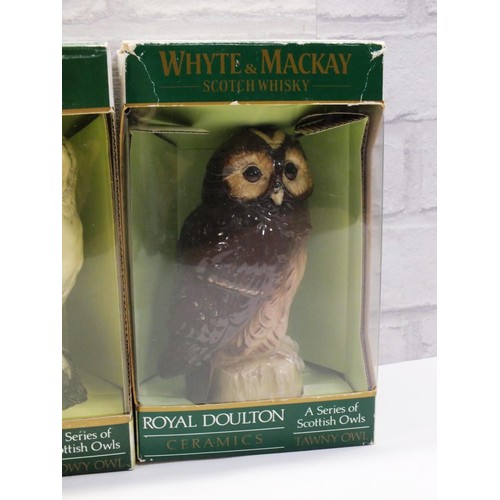 468 - 4x ROYAL DOULTON CERAMIC WHYTE AND MACKAY WHISKEY DECANTERS FULL OWLS IN ORIGINAL BOXES