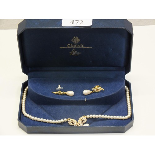 472 - VINTAGE PEARL NECKLACE & EARRING SET BY LOTUS PLUS THREE OTHER STRINGS INCLUDING FRESHWATER PEARLS