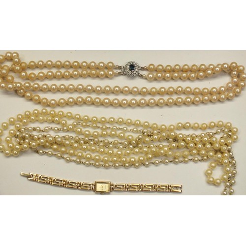 472 - VINTAGE PEARL NECKLACE & EARRING SET BY LOTUS PLUS THREE OTHER STRINGS INCLUDING FRESHWATER PEARLS