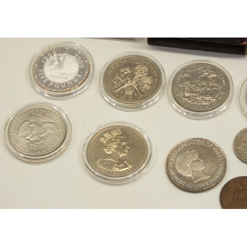 473 - ASSORTMENT OF COINS INCLUDING FIVE POUND, CANADIAN DOLLARS, PRE DECIMAL ETC SILVER EXAMPLES