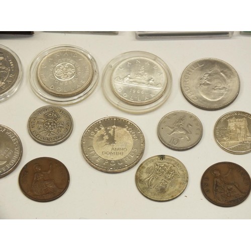 473 - ASSORTMENT OF COINS INCLUDING FIVE POUND, CANADIAN DOLLARS, PRE DECIMAL ETC SILVER EXAMPLES