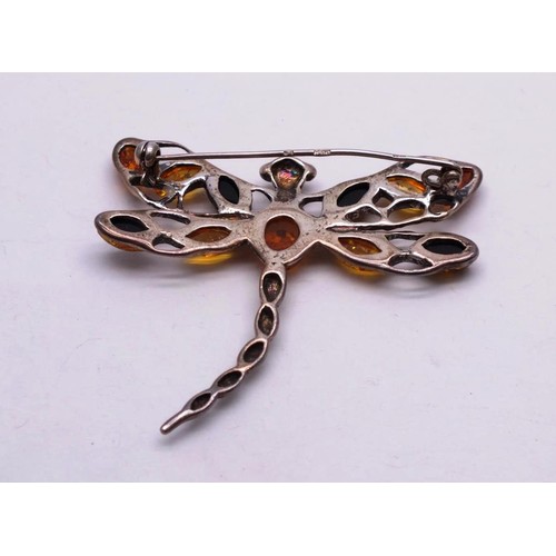 197 - 925 SILVER AND AMBER DRAGONFLY BROOCH