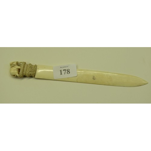 178 - ANTIQUE IVORY LETTER OPENER WITH ELEPHANT DESIGN