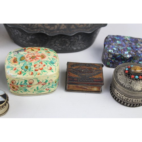 10 - 12 x Antique / Vintage Decorative PILL / TRINKET BOXES Inc Papier Mache, Brass