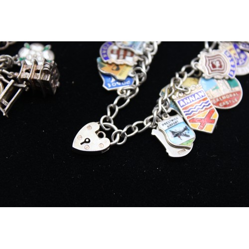 31 - 2 x Vintage .925 Silver CHARM BRACELETS inc. Souvenir, Bagpipes, Enamel (57g)