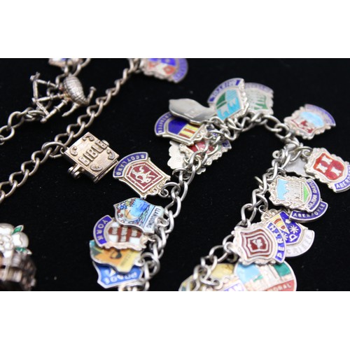 31 - 2 x Vintage .925 Silver CHARM BRACELETS inc. Souvenir, Bagpipes, Enamel (57g)