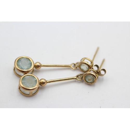 81 - 9ct Gold Blue Gemstone Drop Earrings (1.5g)