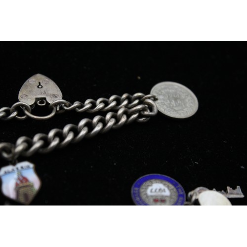 97 - 2 x Vintage .925 Silver CHARM BRACELETS inc. Souvenir, Enamel, Coins (51g)