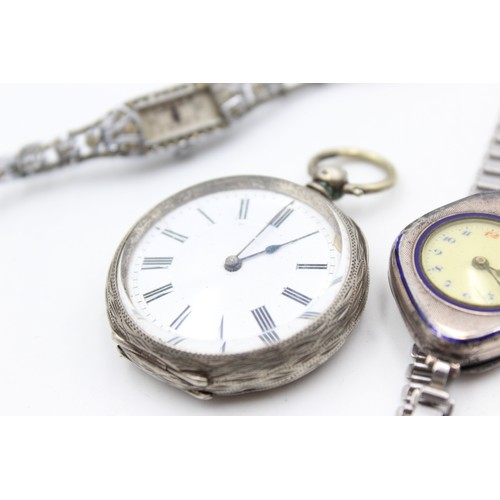 144 - 3 x Vintage Ladies .800 / .925 SILVER Cased FOB / WRISTWATCHES Hand-Wind (92g)