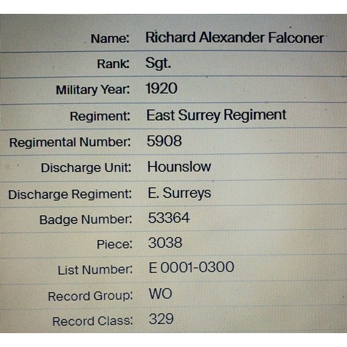 392 - MEDAL SET AWARDED TO R. A. FALCONER. E. SURR. REGIMENT - MEDALS INCLUDE QUEENS SOUTH AFRICA MEDAL WI... 