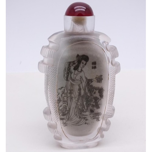 121 - LARGE ANTIQUE CHINESE INSIDE PAINTED ROCK CRYSTAL SNUFF BOTTLE WITH STOPPER- RARE