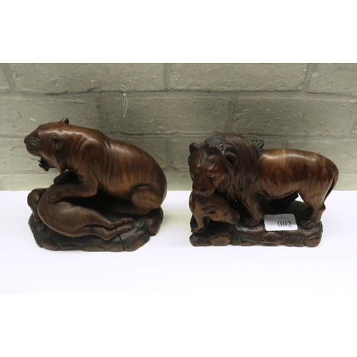 2 - PAIR OF CARVED WOODEN LION AND LIONESS STATUES