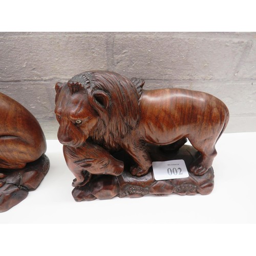 2 - PAIR OF CARVED WOODEN LION AND LIONESS STATUES