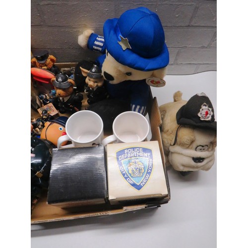 107 - LARGE TRAY OF POLICE THEMED COLLECTABLE FIGURES, MUGS, TOYS ETC