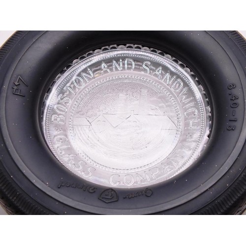 202 - VINTAGE FIRESTONE TYRE ASHTRAY WITH GLASS ADVERTISING 'BOSTON & SANDWICH GLASS COMPANY'