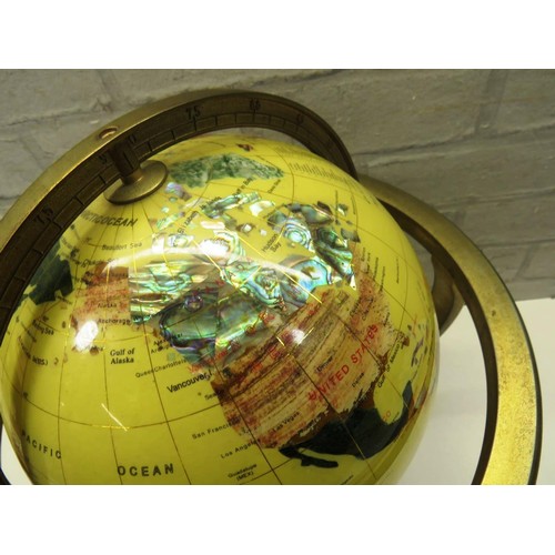 115 - GEMSTONE GLOBE ON BRASS STAND WITH BUILT IN COMPASS