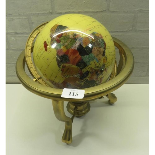 115 - GEMSTONE GLOBE ON BRASS STAND WITH BUILT IN COMPASS