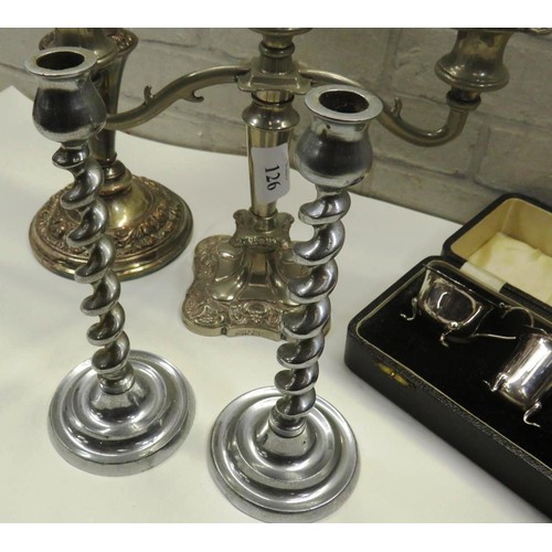 126 - TWO CANDLEABRAS MATCHING CANDLESTICKS, CONDIMENT SET INCLUDING SILVER PLATE