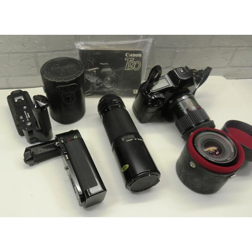 8 - CANON T90 CAMERA AND ACCESSOIES INCLUDES LENS AND MOTOR DRIVE ETC