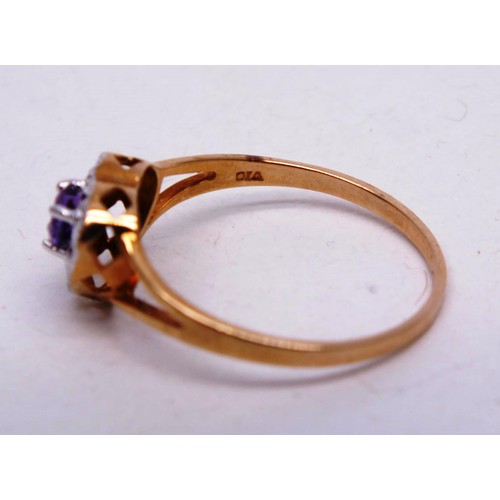 316 - 9CT GOLD HEART SHAPED RING PURPLE AND CLEAR STONES