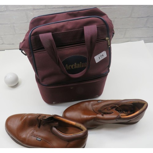 175 - FOUR TAYLOR INTERNATIONAL INDOOR BOWLS SIZE 4, SIZE 10 SHOES, JACK, BOOK, BAG ETC