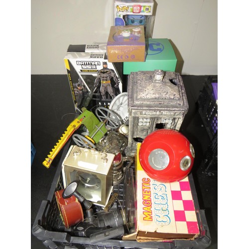 269 - BOX OF COLLECTABLES- FISHING REELS, VINTAGE RADIO, CHESS SETS, TOY FIGURES