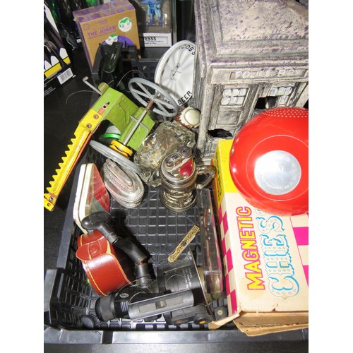 269 - BOX OF COLLECTABLES- FISHING REELS, VINTAGE RADIO, CHESS SETS, TOY FIGURES