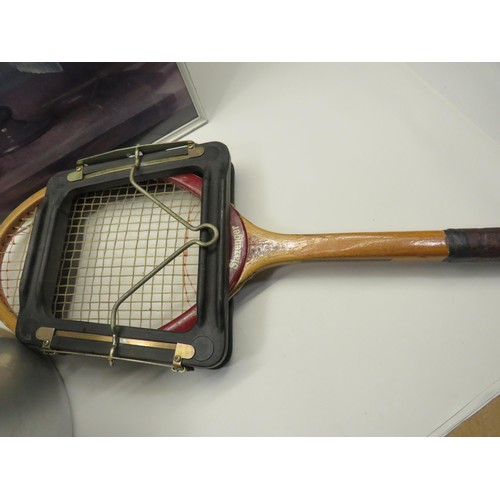 263 - JAM PAN, VINTAGE SLAZENGER RACKET AND A PICTURE