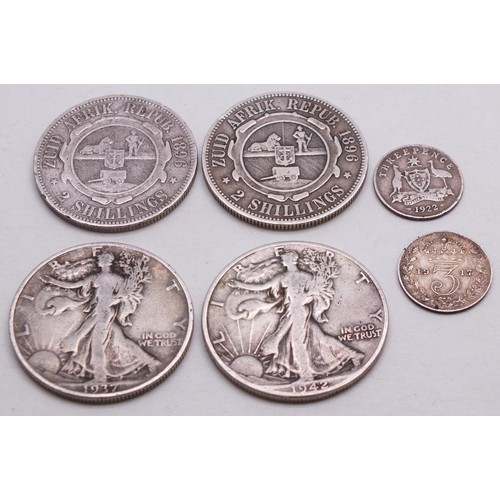 343 - SIX SILVER COINS INCLUDES TWO HALF DOLLARS 1937 & 1942