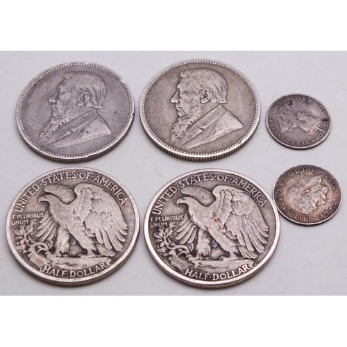 343 - SIX SILVER COINS INCLUDES TWO HALF DOLLARS 1937 & 1942