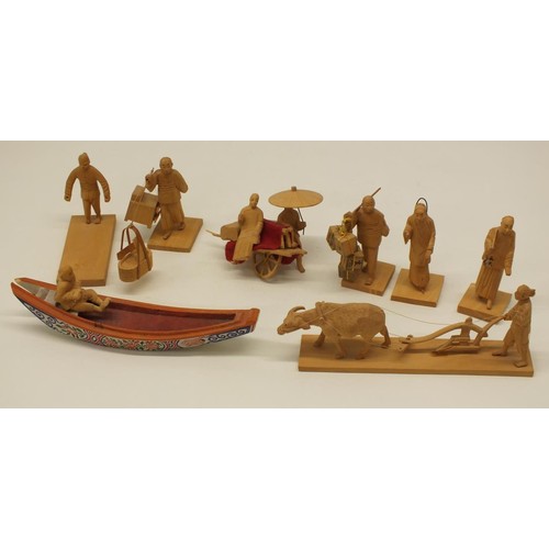 391 - BOX OF HAND CARVED WOODEN ORIENTAL FIGURES