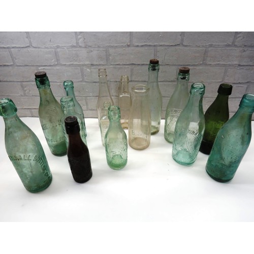 208 - 15 x OLD GLASS BOTTLES INCLUDES ADVERTISING - SAMUEL SMITHS ETC