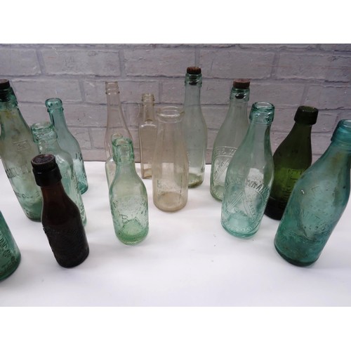 208 - 15 x OLD GLASS BOTTLES INCLUDES ADVERTISING - SAMUEL SMITHS ETC