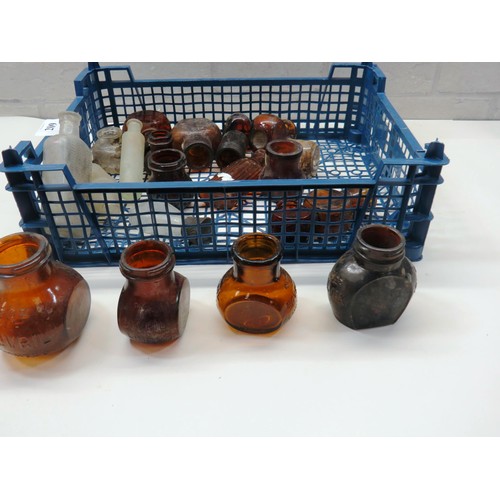 209 - COLLECTION OF OLD GLASS BOTTLES INCLUDES BOVRIL, INKWELLS ETC