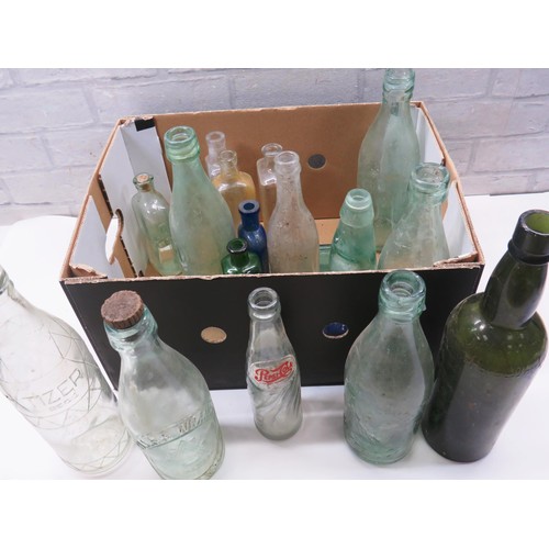 210 - COLLECTION OF OLD GLASS BOTTLES INCLUDES PEPSI COLA