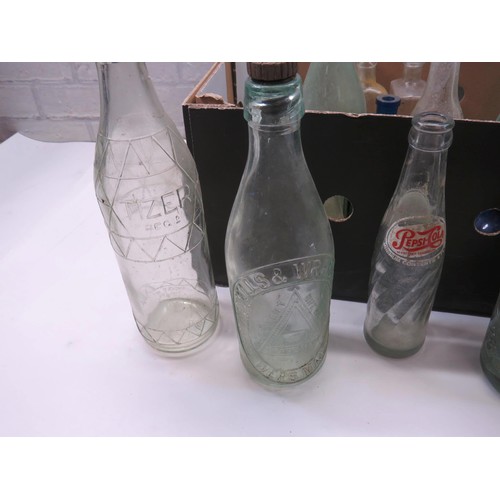 210 - COLLECTION OF OLD GLASS BOTTLES INCLUDES PEPSI COLA