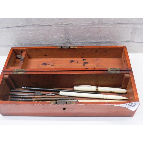 22 - VINTAGE WOODEN BOX WITH ANTIQUE DIPPING PENS, TUNING FORKS ETC