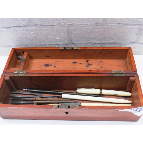 22 - VINTAGE WOODEN BOX WITH ANTIQUE DIPPING PENS, TUNING FORKS ETC