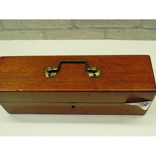 22 - VINTAGE WOODEN BOX WITH ANTIQUE DIPPING PENS, TUNING FORKS ETC