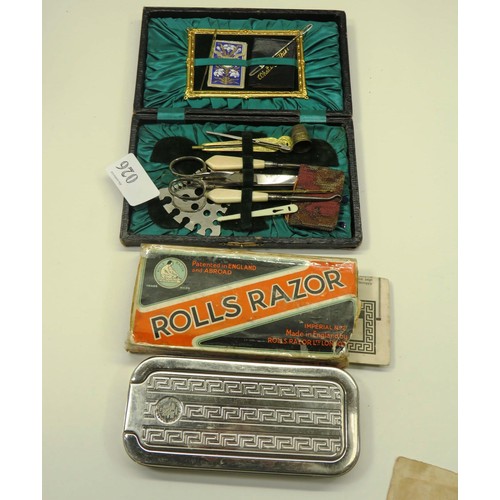 26 - VINTAGE BOXED ROLLS RAZOR AND VINTAGE SEWING ACCESSORIES IN SATIN LINED BOX