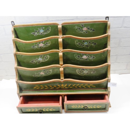 37 - HAND PAINTED ASIAN WOODEN LETTER RACK WITH DRAWERS