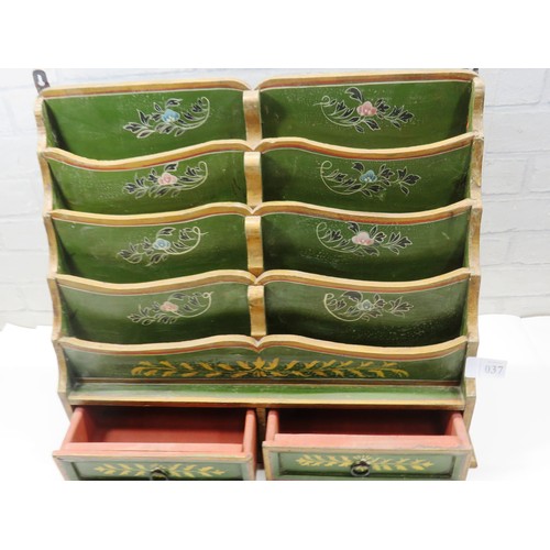 37 - HAND PAINTED ASIAN WOODEN LETTER RACK WITH DRAWERS