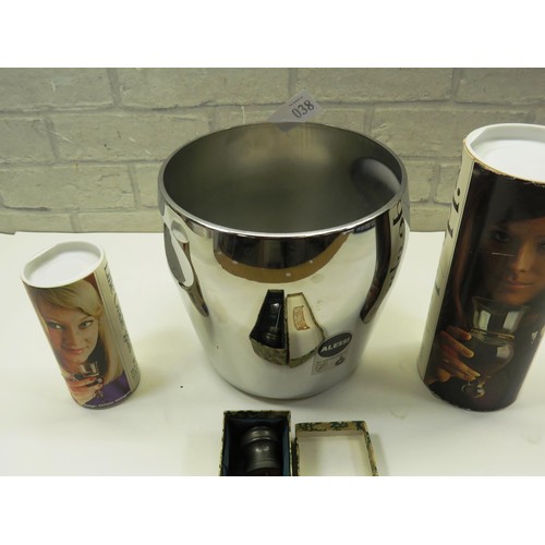 38 - ALESSI WINE/ICE BUCKET, TWO DANISH GILDE GLASSES BOXED AND WINE THERMOMETER