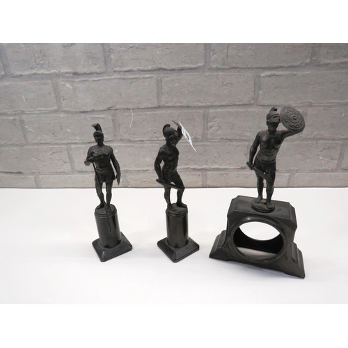 240 - SET OF THREE SPELTER ROMAN GLADIATOR STATUES - ONE CLOCK WITH CLOCK MOVEMENT MISSING