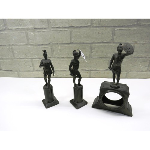 240 - SET OF THREE SPELTER ROMAN GLADIATOR STATUES - ONE CLOCK WITH CLOCK MOVEMENT MISSING